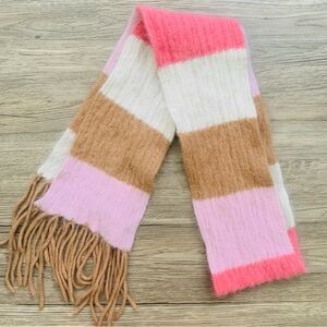 Pink Tan Cream Neutral Striped Angora Rabbit Hair Fringe Cozy Winter Neck Scarf